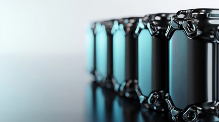 A row of sleek, futuristic energy storage devices showcases modern design and innovative technology, highlighting advancements in energy solutions and storage efficiency.