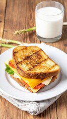 Cheese and vegetable toasted sandwich with glass of milk, comfort lunch, melted cheese pull, copy space, rustic table