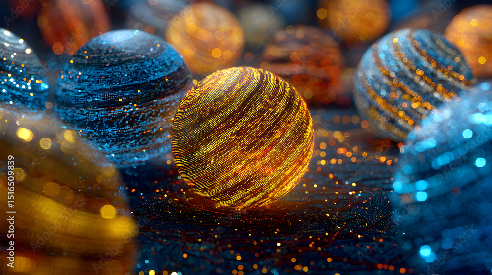Poster abstract glowing spheres with intricate patterns creating a festive and modern three dimensional sce