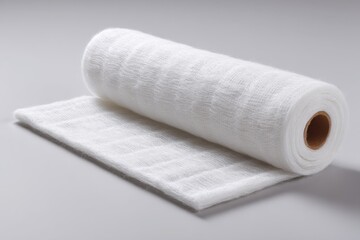 Fototapeta premium A sterile gauze bandage roll and a folded pad, essential for wound care and first aid, providing protection and absorption on a neutral gray background.