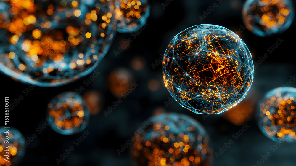 Poster complex interconnected network of spheres floating in a dark space representing global connectivity