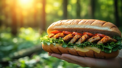 Chicken Sandwich Held in Hand with Forest Background