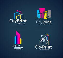 Set Logo City Print СMYK Printing Polygraphy theme. Silhouette Buildings lines style. Template design vector. Black background.
