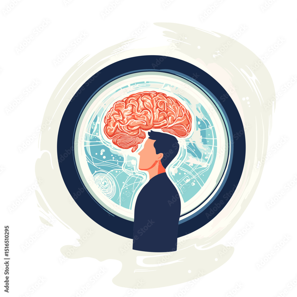 Aufkleber conceptual illustration of a man with a red brain in a blue and white circular encasement depicting 