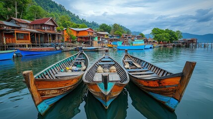 Tranquil boats rest in a serene coastal village reflecting a peaceful morning on the water near colorful stilt houses