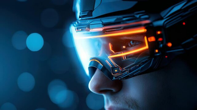 Futuristic close up of person wearing advanced augmented reality visor with glowing orange and blue neon lights, technology innovation, immersive digital experience, cyberpunk atmosphere