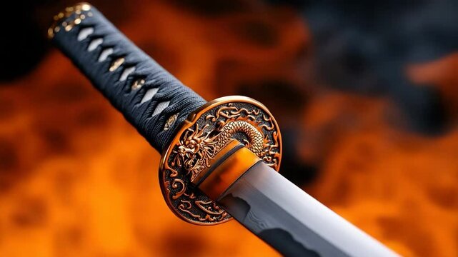 Japanese katana sword with ornate dragon guard, sharp steel blade, and black wrapped handle, set against dramatic fiery background, symbolizing Japanese tradition, power, and strength