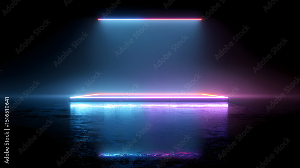 Poster illuminated geometric platform with neon glow effect against a dark backdrop creating futuristic amb