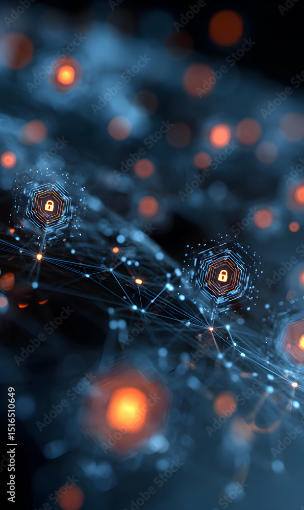 Poster network security concept shows digital locks protecting data and privacy in a connected world abstra