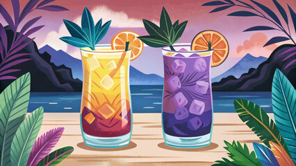 Amazing bundle of colorful exotic refreshing cold cocktails on beach illustration vector
