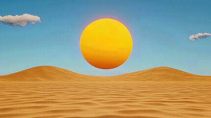 Large yellow sun hovers over a flat, sandy desert landscape under a clear blue sky with a few small clouds. Digital art style with a slightly pixelated texture. Warm, sunny and arid atmosphere.
