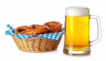 Chilled Beer Mug with Pretzel Basket Isolated on White Background with Clipping Path, Oktoberfest Theme