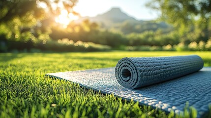 A moment of zen yoga mat unrolled awaits a peaceful practice amid the lush green meadow landscape bathed in the warm
