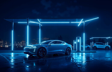 Night Scene of Electric Vehicle Charging Station