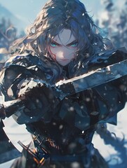 A lone warrior stands resolute on a snowy battlefield, their gaze fixed on the viewer, axe in hand, with a hint of blood on the blade.