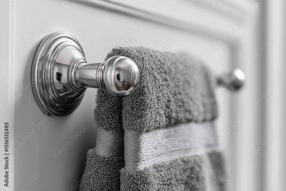 Poster a close-up view of a neatly folded gray towel hanging on a shiny chrome towel rack, adding a touch o