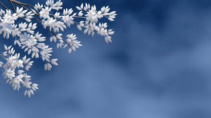 Peaceful winter scene featuring delicate snow-covered branches on the left and a soft blue gradient sky with falling snow, perfect for seasonal backgrounds and holiday themes