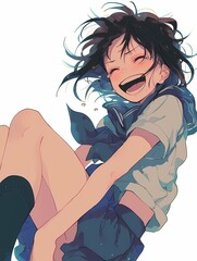 Young anime girl in sailor uniform, laughing joyfully with tears streaming down face. Emotional portrait, school uniform, slice of life illustration.