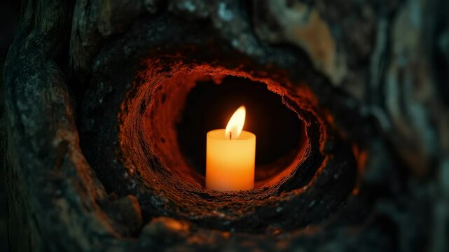 Single lit candle in a dark circular recess in warm and somber colors representing remembrance and hope 