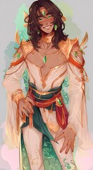 Confident anime male figure, green eyes, green gemstone jewelry, soft green-blue gradient background, white and gold outfit, intricate designs.