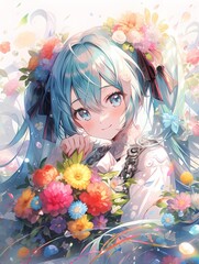 Anime art of a young girl with striking blue hair and twin tails holding a bouquet of vibrant flowers, smiling cheerfully against a soft pastel-colored background, digital art.