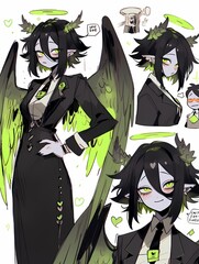 A female character with short black hair, green eyes, and wings, dressed in a black jacket and tie, with angelic accessories and a halo, in a whimsical illustration.