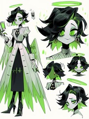 Anime female character with green powers, angel wings, mysterious syringe, dynamic sketchy style.
