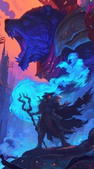 Anime illustration of a powerful wizard standing on a rocky outcropping with a majestic bear beside him amidst a vibrant cityscape