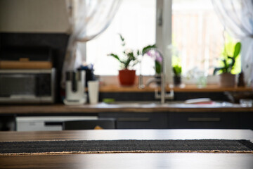 blurred kitchen interior  and desk space