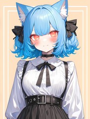 Cute anime style character illustration, with light blue hair, animal ears, and a bow tie, smiling directly at the viewer against a neutral background.
