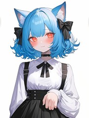 Whimsical anime character with vibrant blue hair, cat ears, red eyes, white background