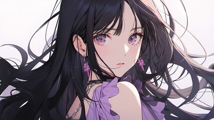 Anime young woman with purple eyes, pink earrings, purple outfit, soft blush, flowing black hair.