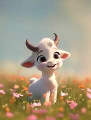 Playful anime style white goat illustration, sitting amidst a colorful meadow, with brown horns and an open mouth conveying joy, surrounded by flowers and a serene blue sky.