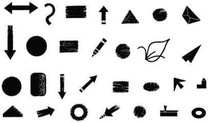 Fototapeta premium A collection of hand-drawn shapes and symbols, including arrows, geometric figures, and various abstract forms.