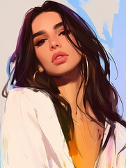 Anime woman with dark hair and hoop earrings, gazing directly at the camera, conveying contemplative expression.