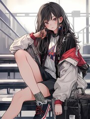 Young anime woman with black hair and red laced shoes, sitting on bench, smiling at viewer. Casual urban scene, friendly portrait, digital art.
