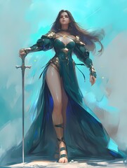 A confident fantasy female stands ready, her shimmering teal and indigo dress and gold jewelry complemented by her sword and gold sandals, with intense blue eyes and long dark hair.