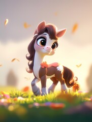 Anime illustration of a majestic Chinese-style horse standing on a lush green carpet, adorned with an orange flower