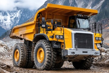 A large yellow dump truck with its bucket raised up, standing on the ground of an open pit mine and unloading coal into it.