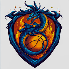 Majestic Dragon Basketball Emblem with Flaming Ball and Heraldic Shield in Deep Blues and Fiery Oranges on White Background.