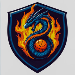 Majestic Dragon Basketball Emblem with Flaming Ball and Heraldic Shield in Deep Blues and Fiery Oranges on White Background.