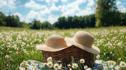 Two sun hats resting on a picnic basket evoking memories of warm summer days in a field of daisies with soft dreamy