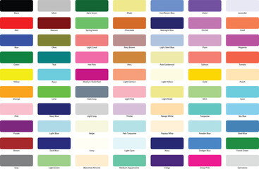 A comprehensive color palette with name labels for design and creative projects.