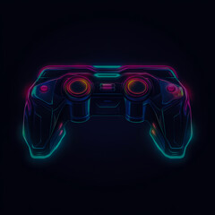 Futuristic Joystick Gaming Logo with Sleek Chrome Finish Neon Accents Glowing LED Details Modern Esport Style Symmetrical Design Dark Background Digital Tech Aesthetic Vector Style.