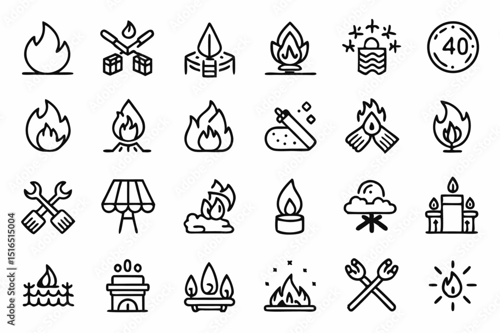 Poster high quality line icons depicting bonfires fireplaces and flaming elements for design projects