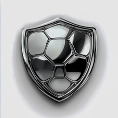 Sleek Glossy Metallic Football Crest Featuring Chrome and Steel Textures with Elegant Curves Sharp Corners and Embossed Football Graphic on Plain White Backdrop Modern Bold Branding.