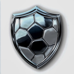 Sleek Glossy Metallic Football Crest Featuring Chrome and Steel Textures with Elegant Curves Sharp Corners and Embossed Football Graphic on Plain White Backdrop Modern Bold Branding.