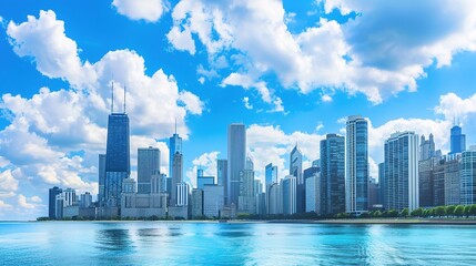 Naklejka premium Breathtaking City Skyline Silhouette against a Dreamy Blue Cloudy Sky – Showcasing Architectural Marvels, Lit Skyscrapers, and Cloud Formations – Ideal for Web Design, Advertising, and Fine Art Prints