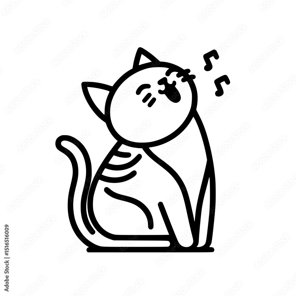 Poster cat in one line outline drawing enjoying singing with playful expression, vector