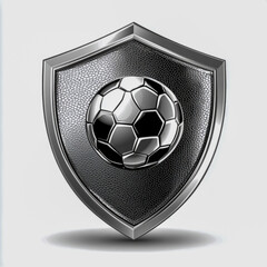 Sleek Brushed Metal Football Emblem with Intricate Engravings Bold 3D Sharp Angular Design Realistic Reflections Clean White Background Professional Sports Logo Style.